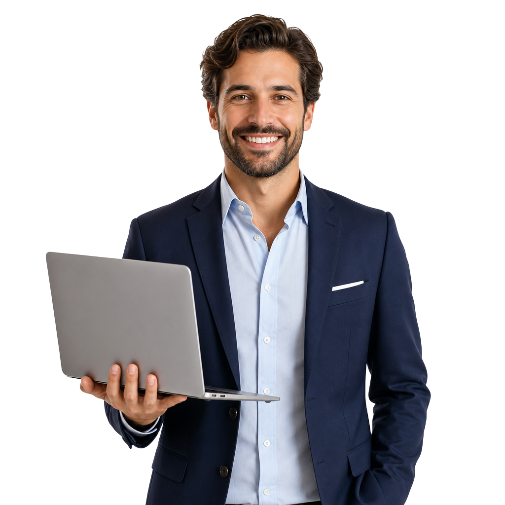 Smiling professional holding a laptop